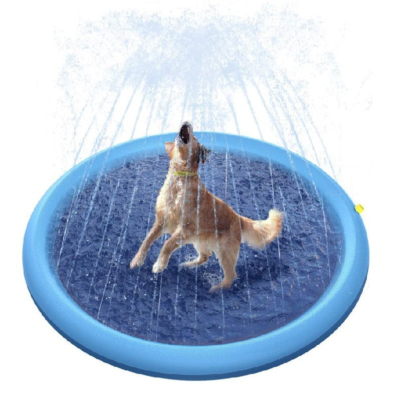 Golden retriever playing on a blue non-slip splash pad for kids with water spraying