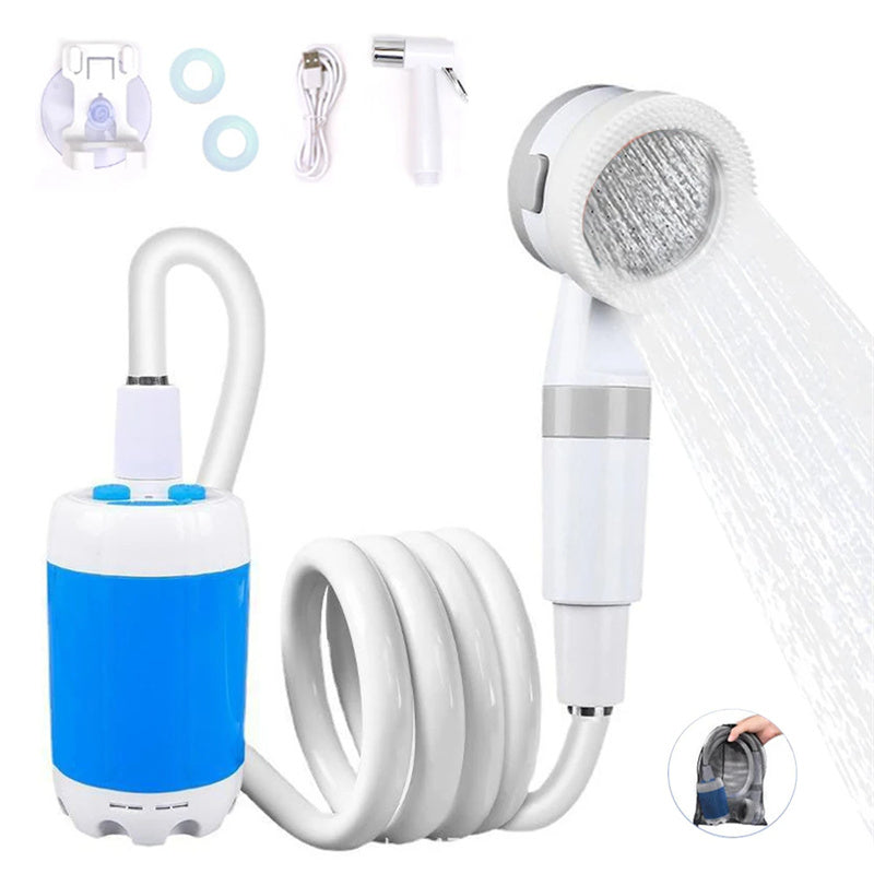 Shopi Vella portable camping shower electric with flexible hose and handheld spray for outdoor bathroom storage