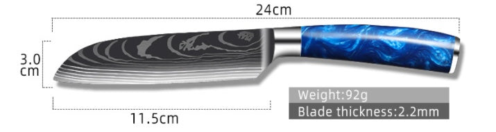 Blue resin handle chef knife with 24cm blade featuring Damascus steel pattern and ergonomic grip