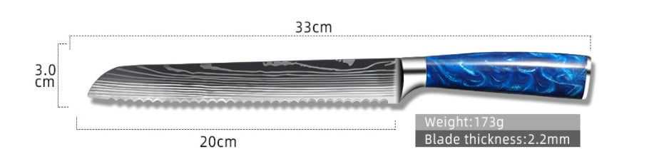 Shopi Vella blue resin handle chef knife with serrated blade measuring 33cm in length