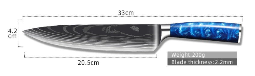 Shopi Vella blue resin handle chef knife with 33cm length and 4.2cm wide blade for kitchen use