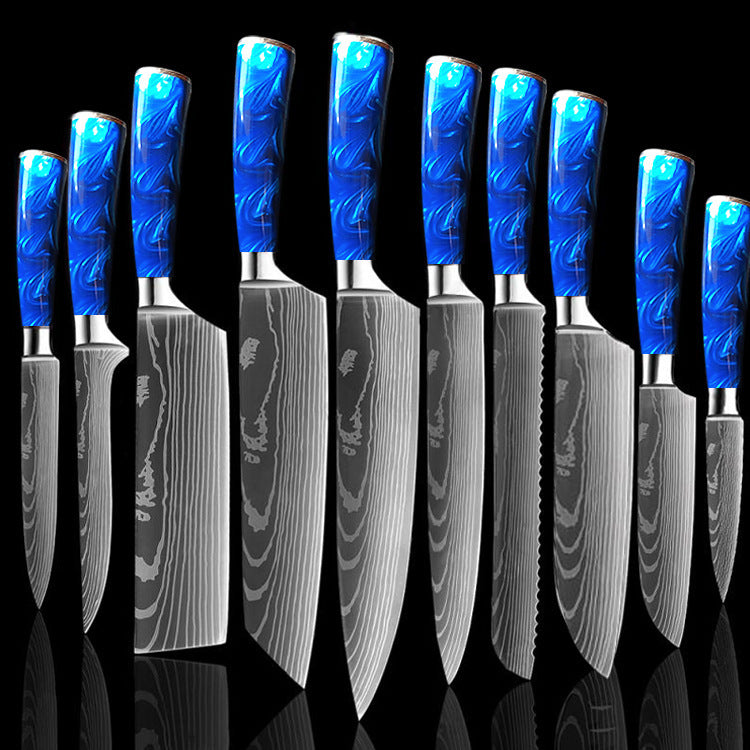 Set of kitchen knives with blue resin handle chef knife blades featuring Damascus pattern