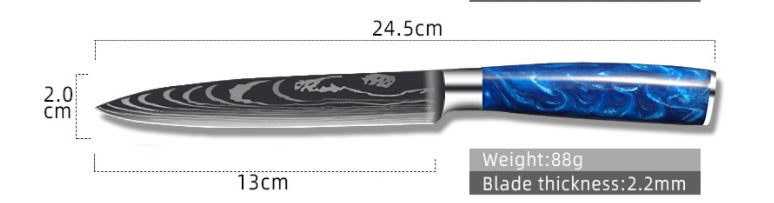 Shopi Vella blue resin handle chef knife with 24.5 cm blade and 2.2mm thickness for precise kitchen cutting