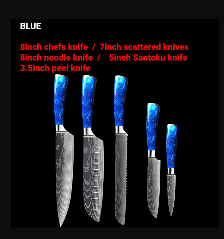 Set of kitchen knives with blue resin handle chef knife featuring 8 inch chef knife, 7 inch scattered knife, and more