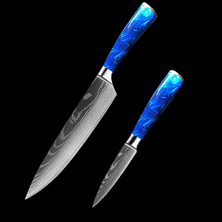 Set of two kitchen knives featuring a blue resin handle chef knife with patterned blades