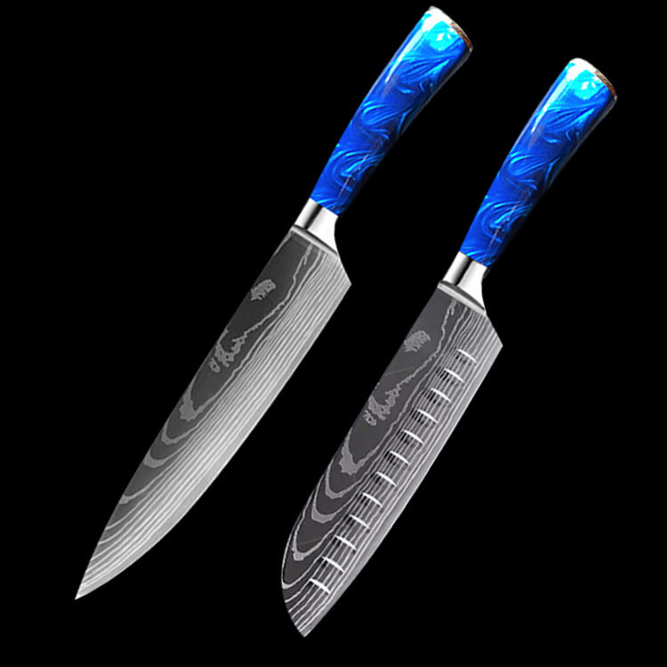 Set of two kitchen knives with blue resin handle chef knife featuring patterned blades and ergonomic grip