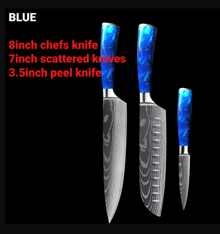 Blue resin handle chef knife set with 8 inch chef knife, 7 inch scattered knife, and 3.5 inch peel knife