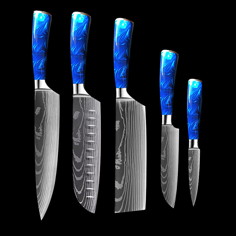 Set of five kitchen knives with blue resin handle chef knife and stainless steel patterned blades