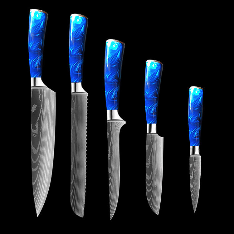 Set of five kitchen knives with blue resin handle chef knife design and patterned steel blades