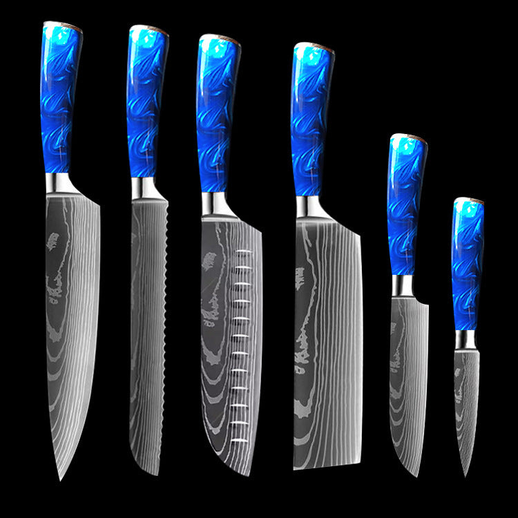 Set of six kitchen knives with blue resin handle chef knife featuring patterned blades