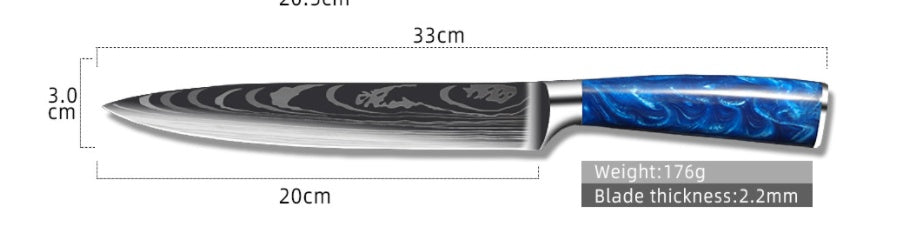 Blue resin handle chef knife with 20cm Damascus steel blade and ergonomic grip by Shopi Vella