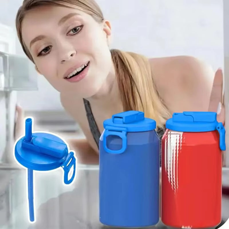 Shopi Vella reusable soda can lid with straw in blue on blue and red cans held by woman near refrigerator