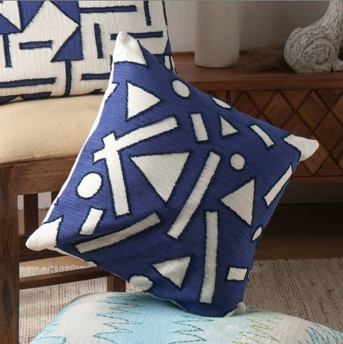 Shopi Vella 18 inch cotton pillow case with blue and white geometric pattern on decorative pillow