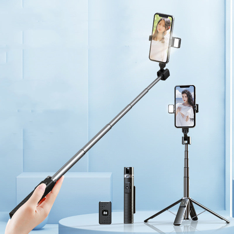 Bluetooth selfie stick with fill light showing extended and tripod use for hands-free photos