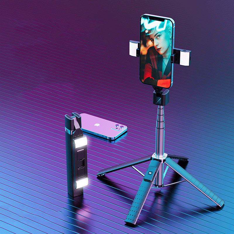 Bluetooth selfie stick with fill light mounted on tripod with smartphone holder and LED light panel