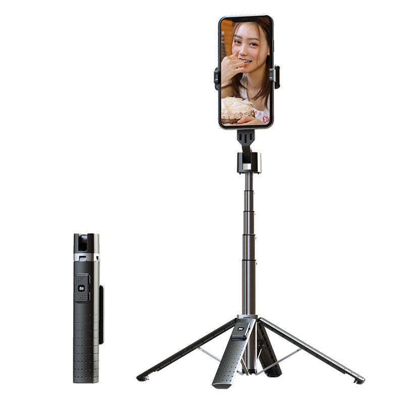 Bluetooth selfie stick with fill light and tripod stand holding a smartphone with a woman on screen