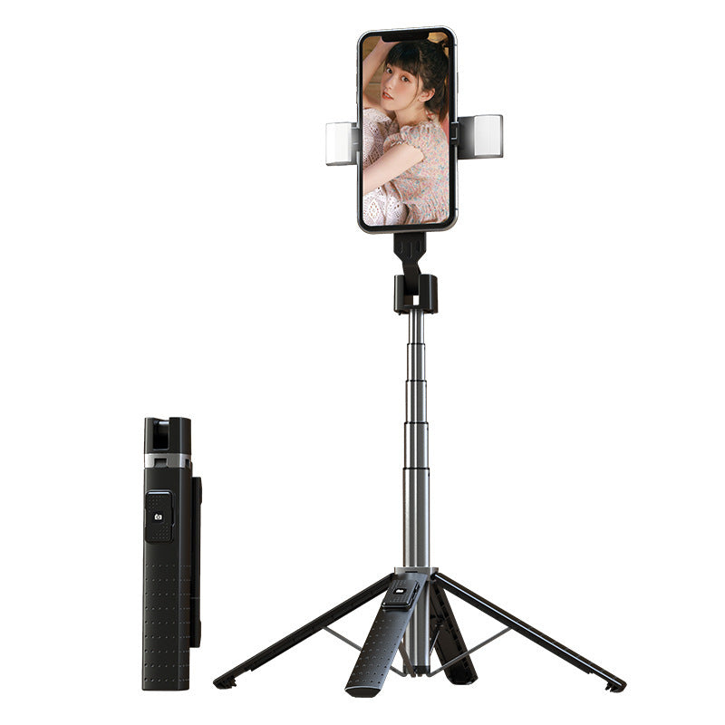 Shopi Vella Bluetooth selfie stick with fill light in black, shown collapsed and extended with attached phone and tripod stand