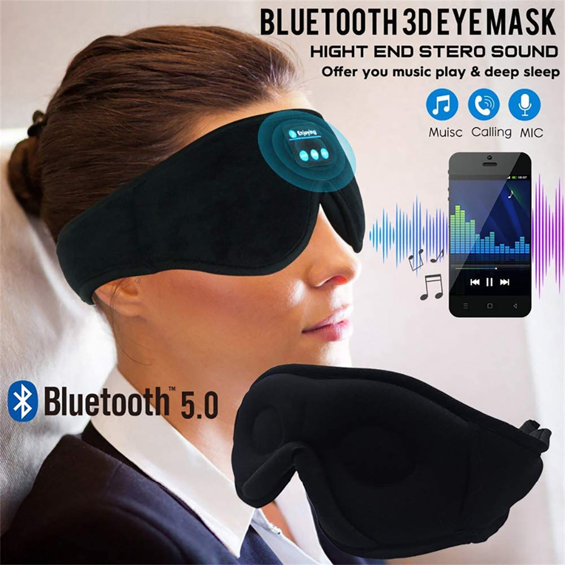 Wireless sleep eye mask with headphones Bluetooth 5.0 for music, calling, and deep sleep by Shopi Vella