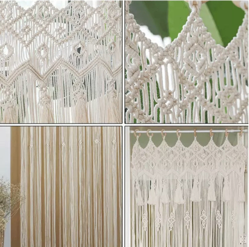 Bohemian hand woven curtain in natural cream color showcasing intricate macrame patterns and tassels