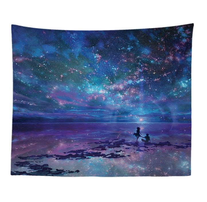 Shopi Vella bohemian mandala wall tapestry featuring a starry night sky with two silhouetted figures on a reflective shore