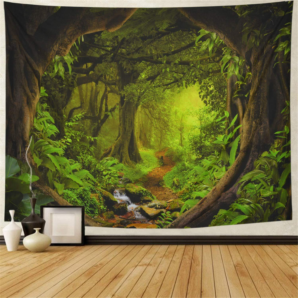 Shopi Vella comforter featuring bohemian wall hanging decor with a lush green forest scene