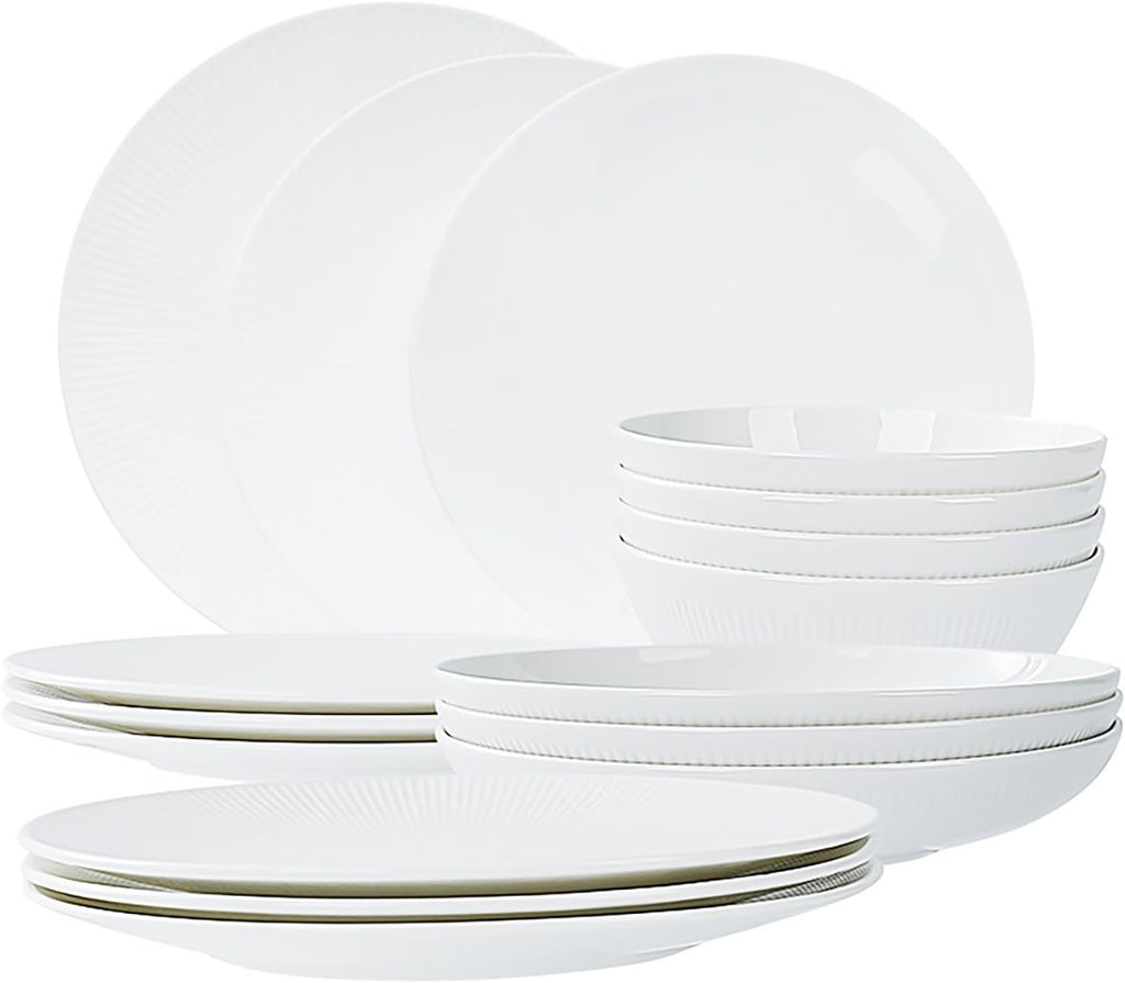 Shopi Vella bone china dinnerware set with white plates and bowls featuring subtle textured design
