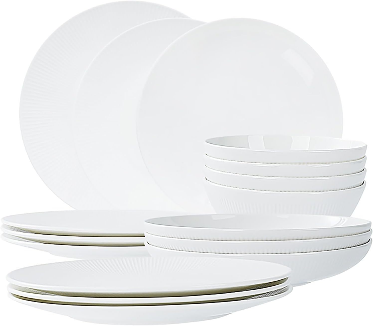 Shopi Vella bone china dinnerware set with white plates and bowls featuring subtle textured design