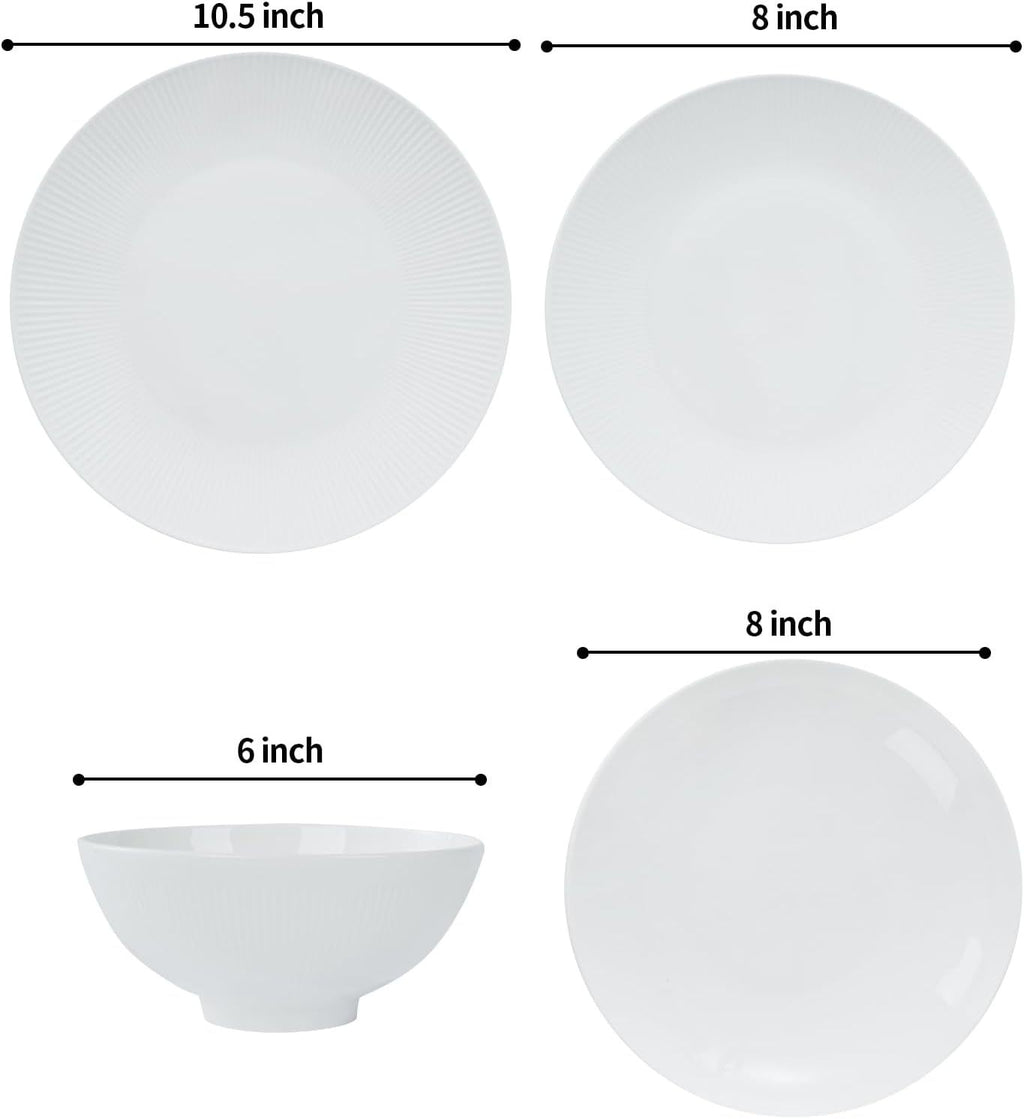 Shopi Vella bone china dinnerware set with white plates and bowl in various sizes