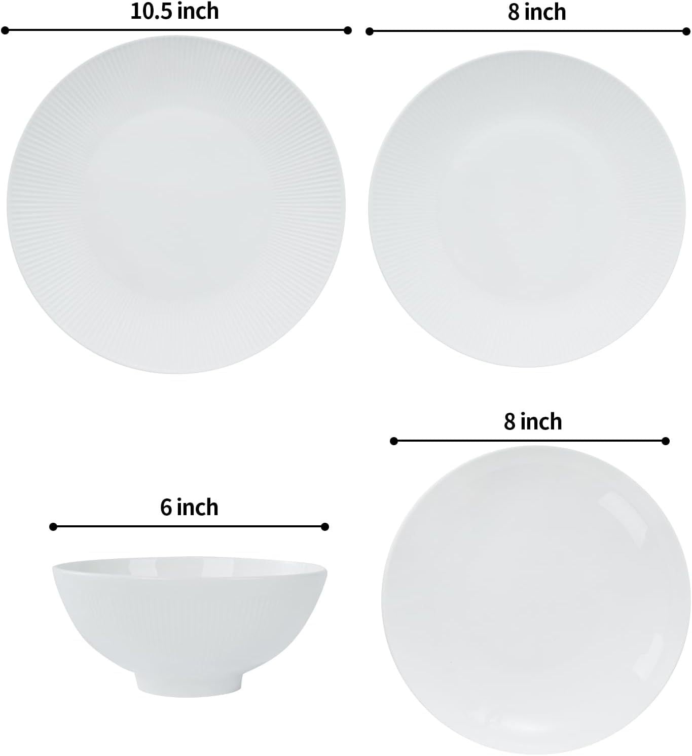 Shopi Vella bone china dinnerware set with white plates and bowl in various sizes