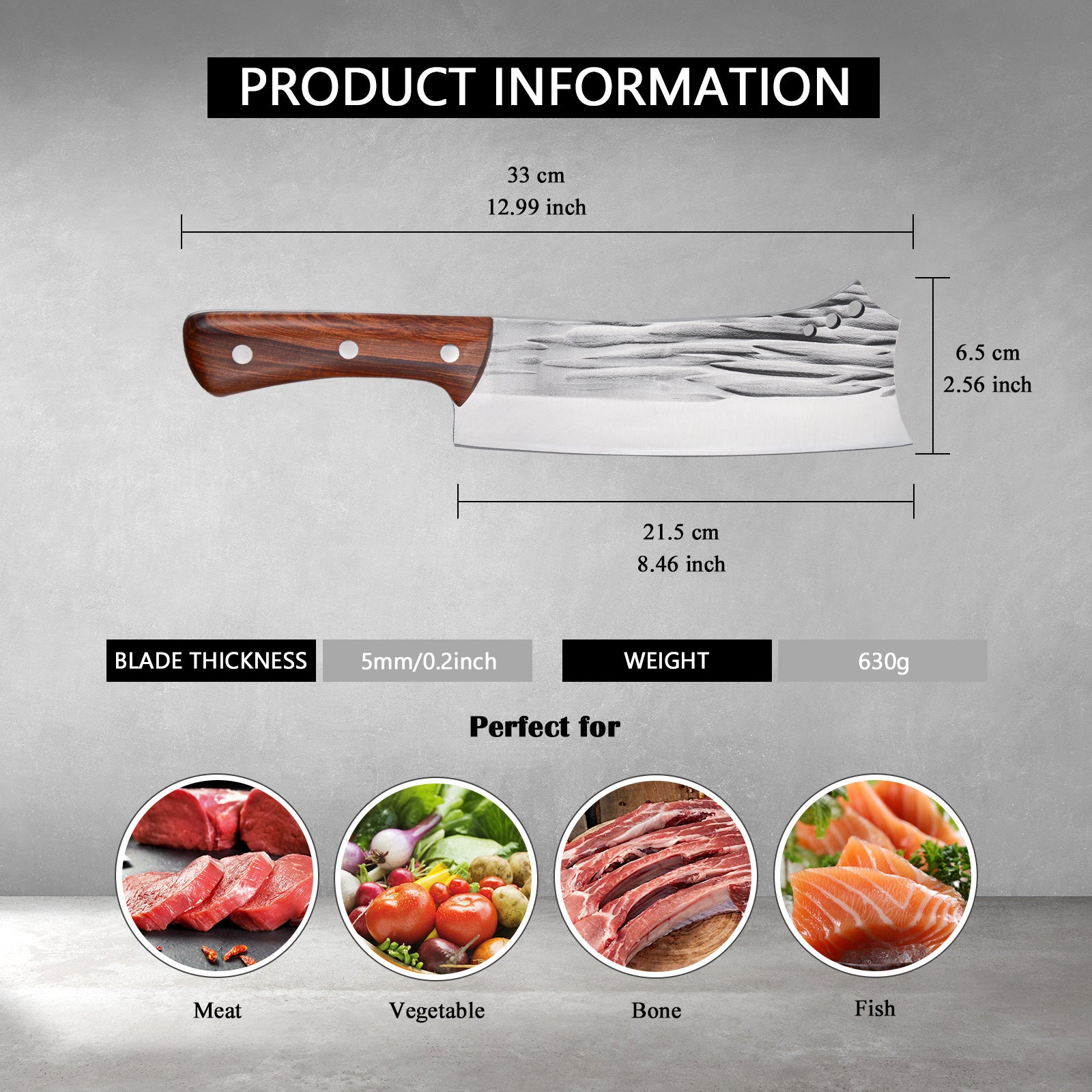Shopi Vella bone chopper knife for meat with wooden handle and stainless steel blade 33 cm long