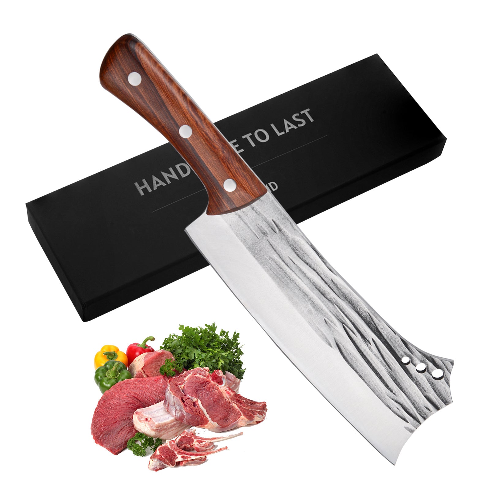 Shopi Vella bone chopper knife for meat with wooden handle and textured blade next to fresh meat and herbs