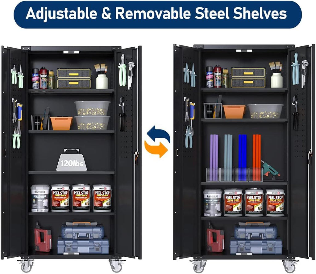 Locking metal storage cabinet for workshop with adjustable removable steel shelves and tools organized inside