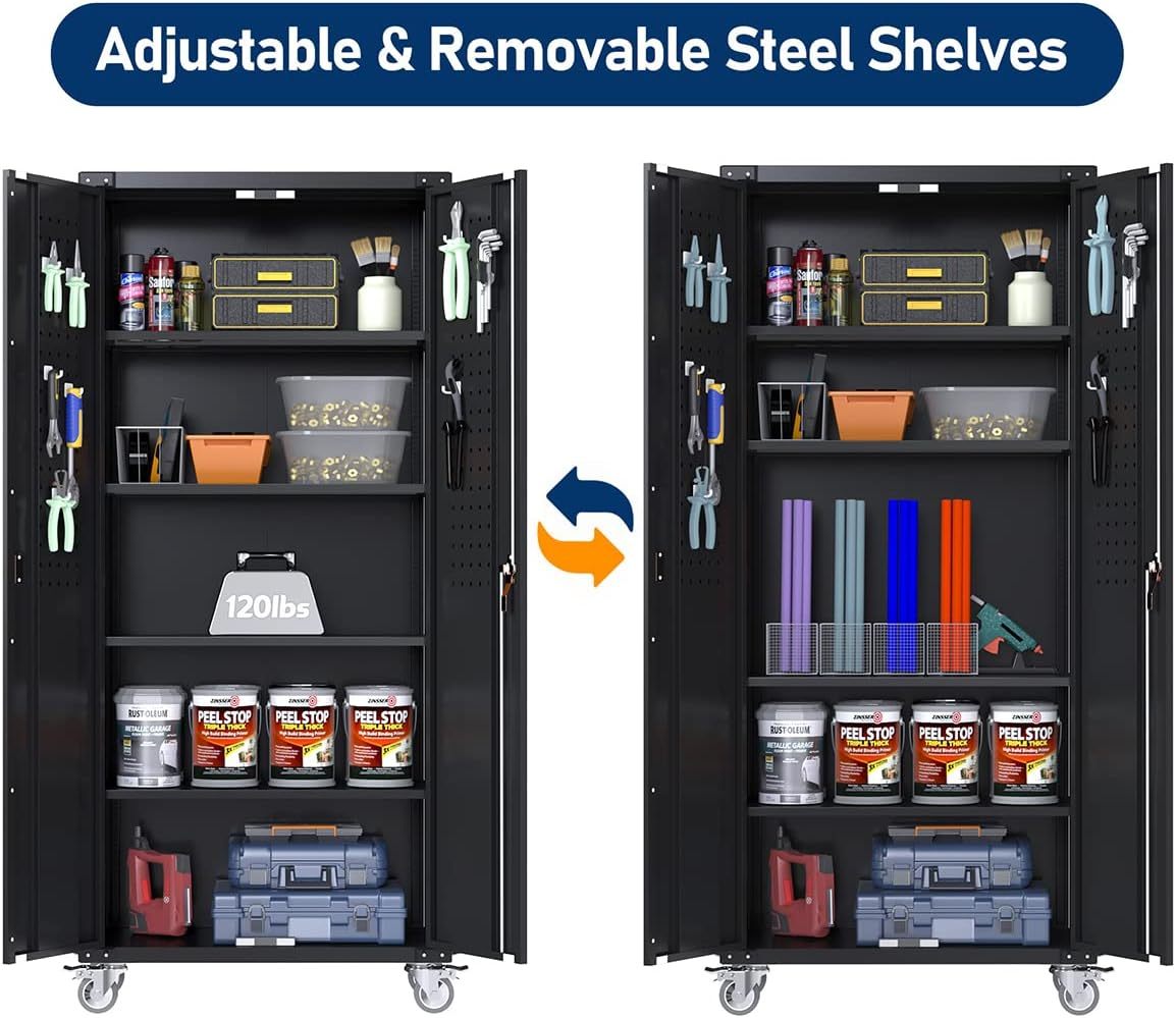 Locking metal storage cabinet for workshop with adjustable removable steel shelves and tools organized inside