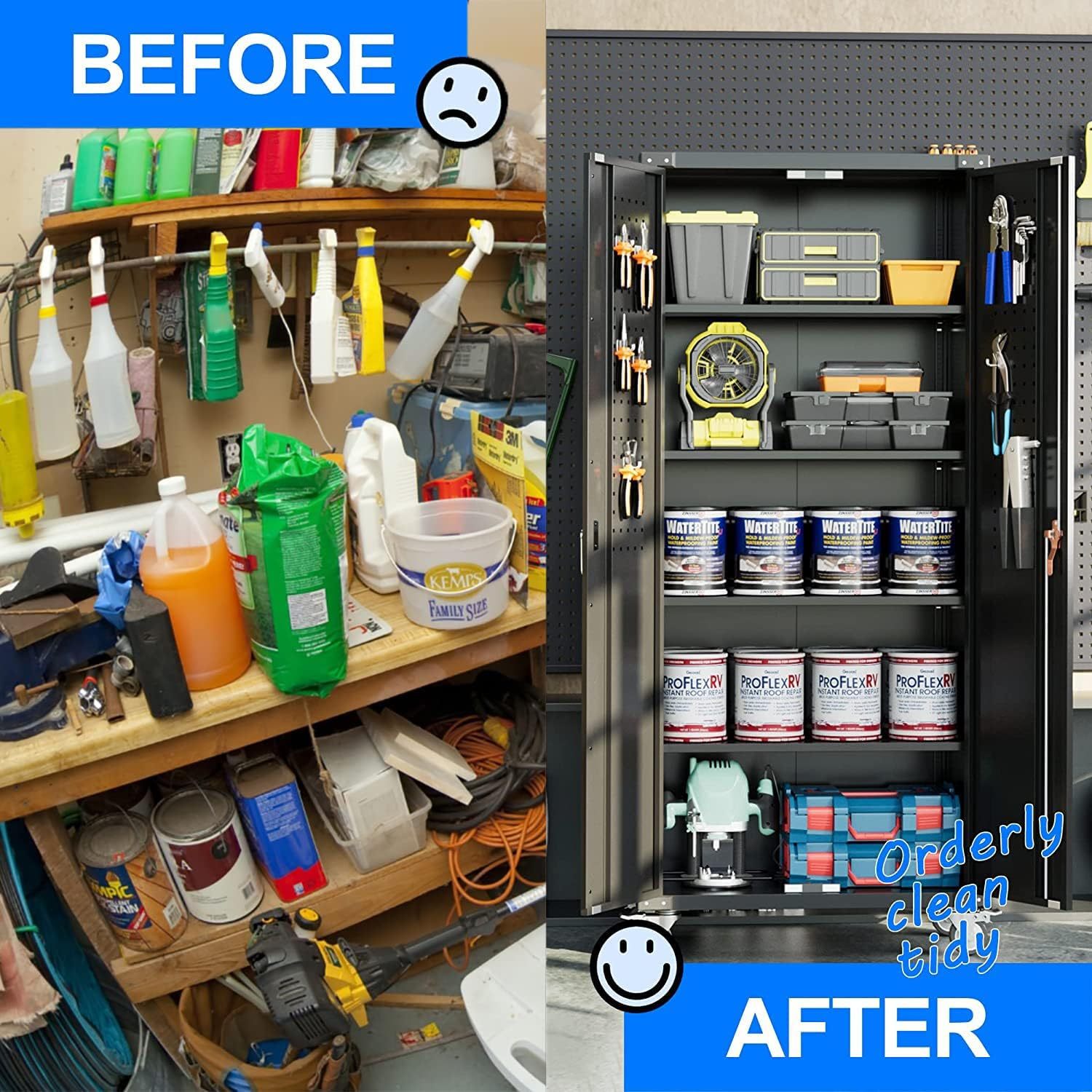 locking metal storage cabinet for workshop organized with paint cans tools and storage bins neatly arranged