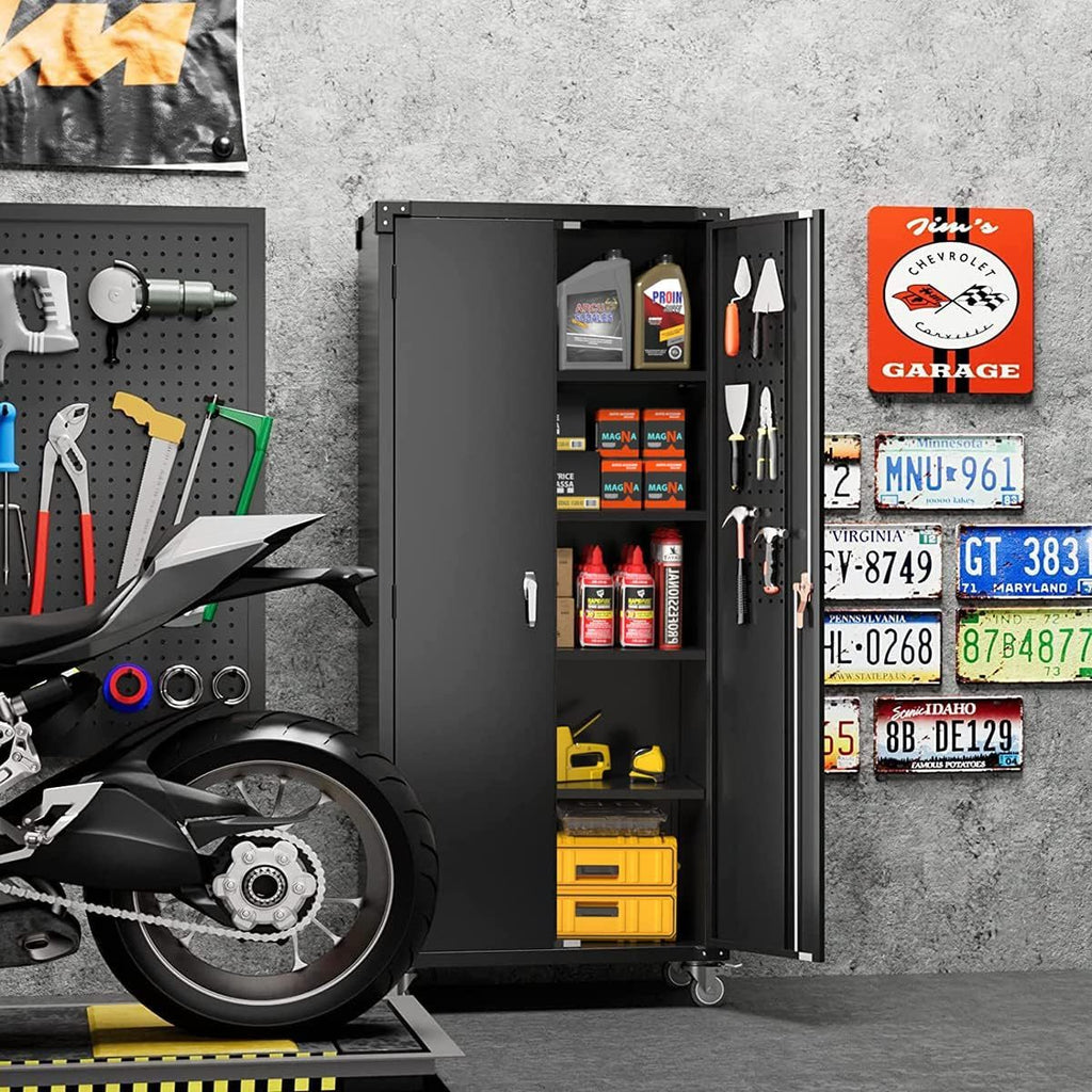 Shopi Vella locking metal storage cabinet for workshop with tools and supplies organized inside
