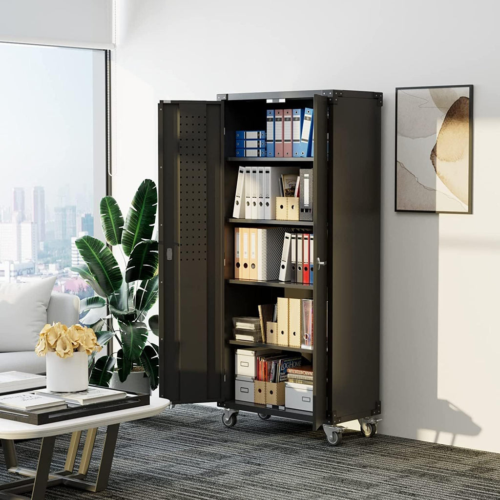 Locking metal storage cabinet for workshop with shelves and folders in modern office space