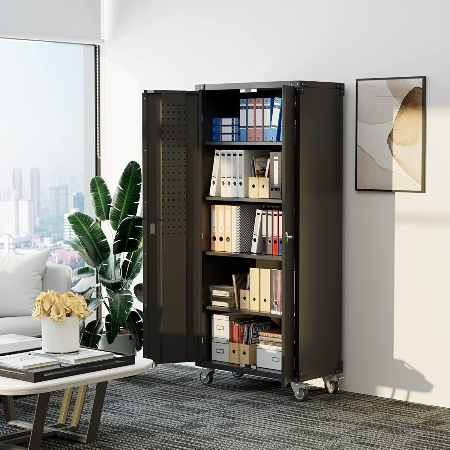 Locking metal storage cabinet for workshop with shelves and folders in modern office space