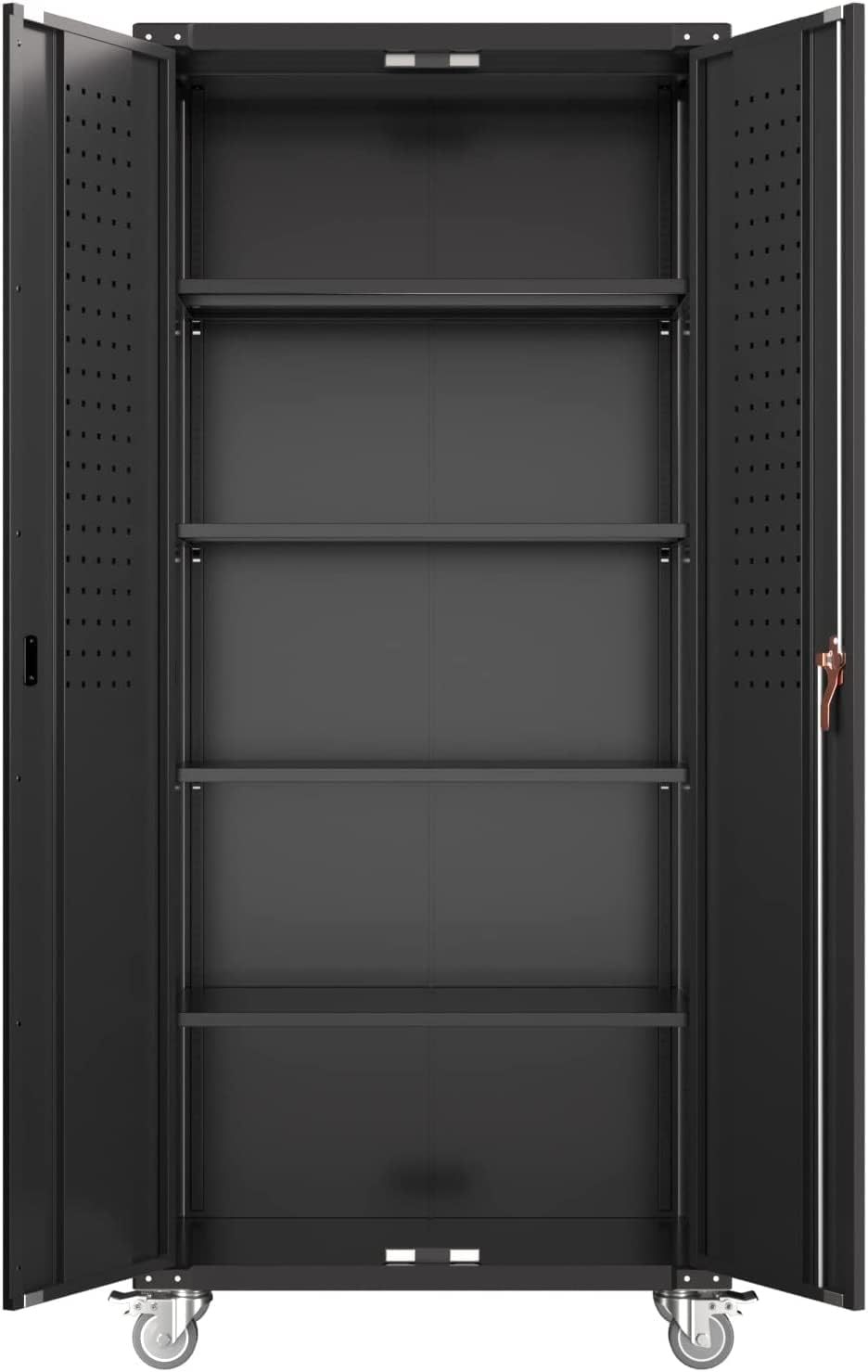 Shopi Vella locking metal storage cabinet for workshop with multiple shelves and caster wheels