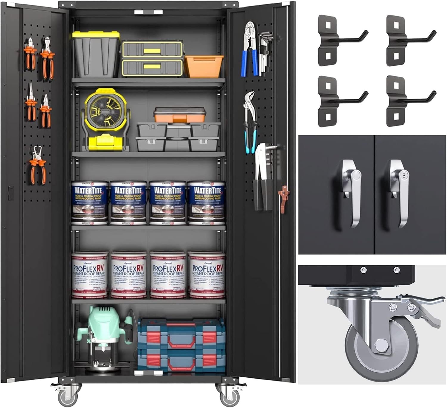 Shopi Vella locking metal storage cabinet for workshop with tools paint cans and wheels