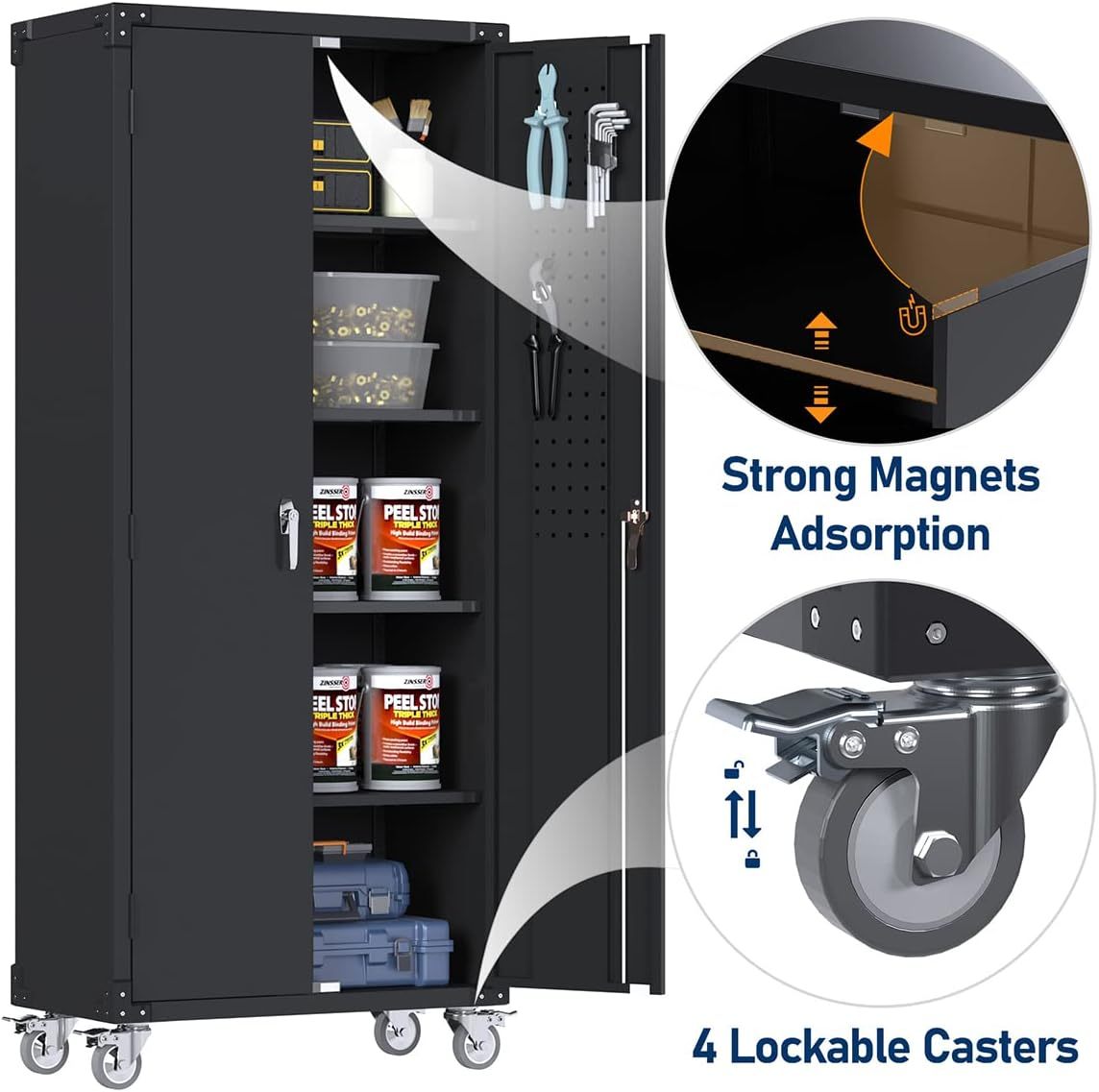 Locking metal storage cabinet for workshop with multiple shelves, lockable casters, and strong magnetic door adsorption