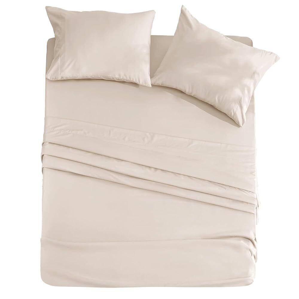 Shopi Vella beige microfiber bed sheet set with two matching pillowcases on a bed