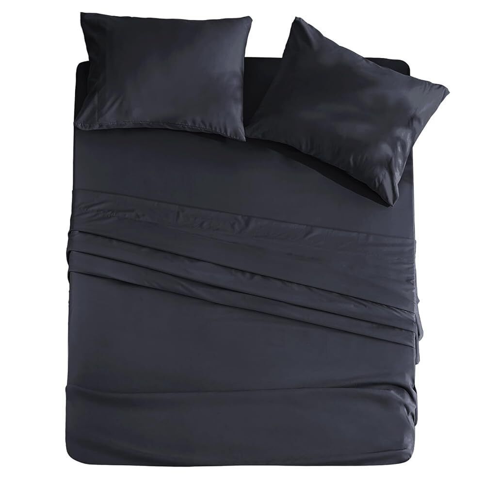 Shopi Vella black microfiber bed sheet set with pillowcases on a bed for smooth comfortable bedding
