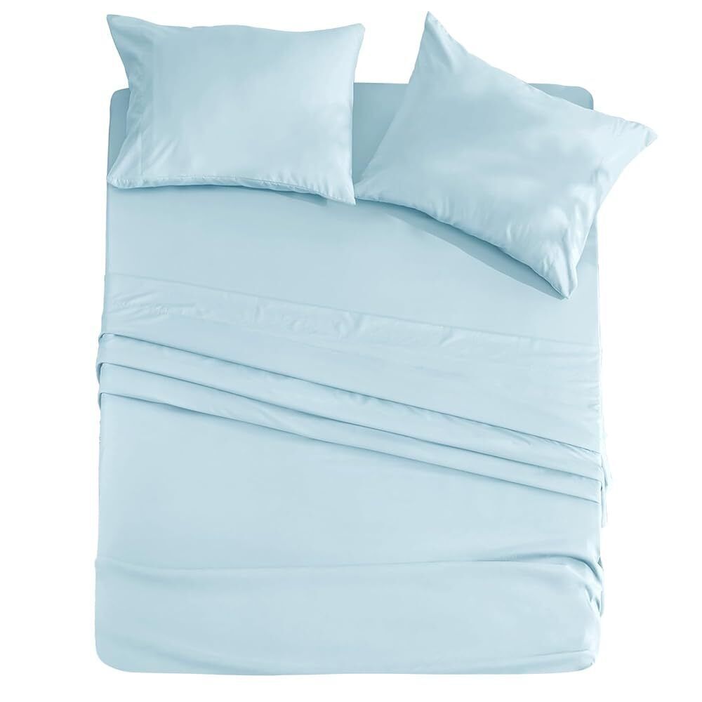 Shopi Vella light blue microfiber bed sheet set with pillowcases on a neatly made bed