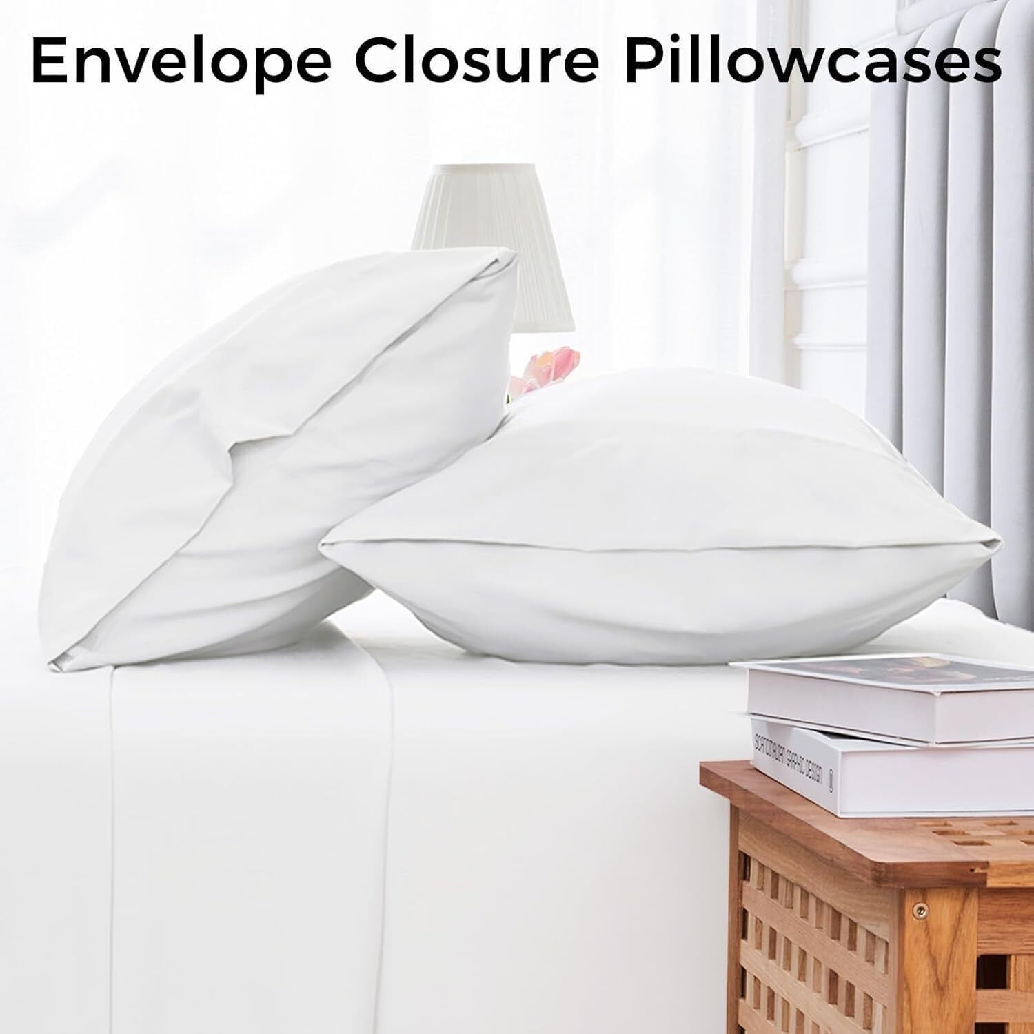White microfiber bed sheet set with envelope closure pillowcases on a bed in a bright bedroom