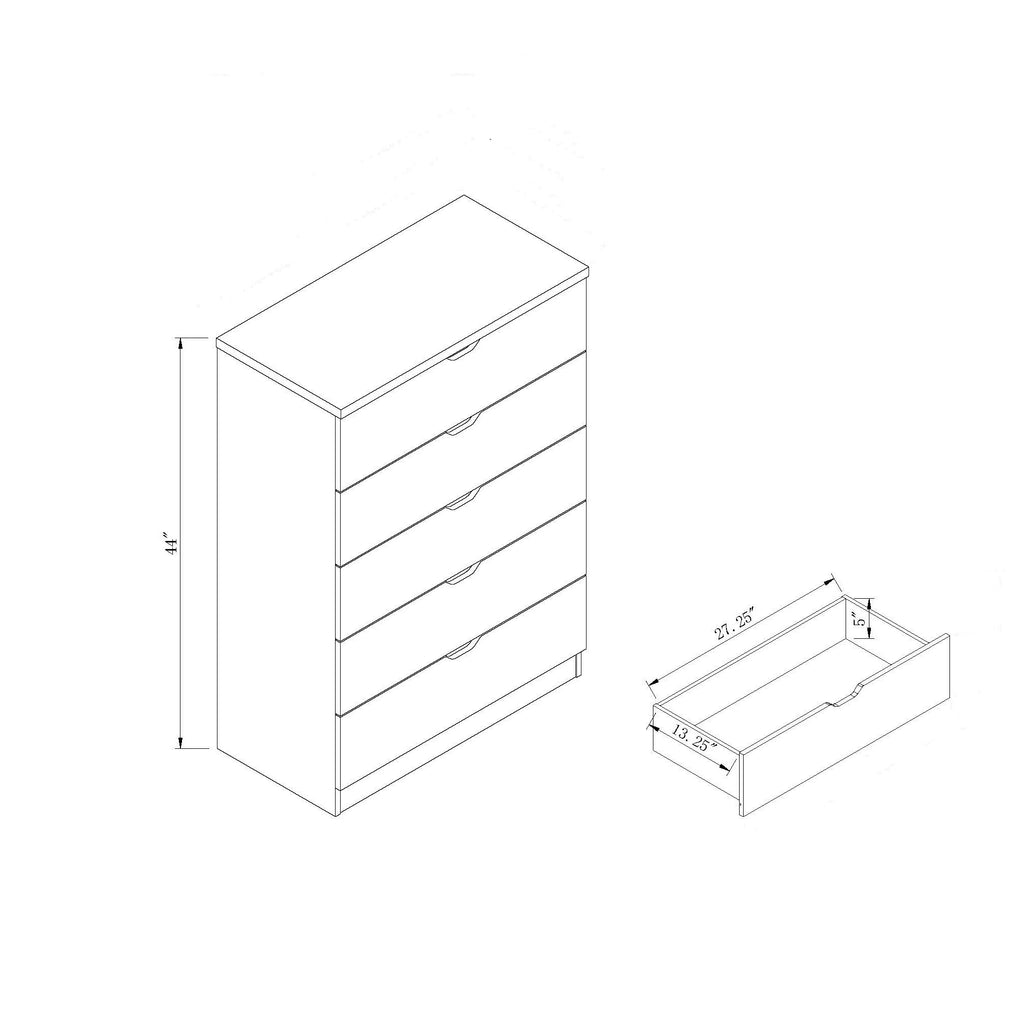 Technical drawing of a wooden bedroom dresser with five drawers and dimensions from Shopi Vella
