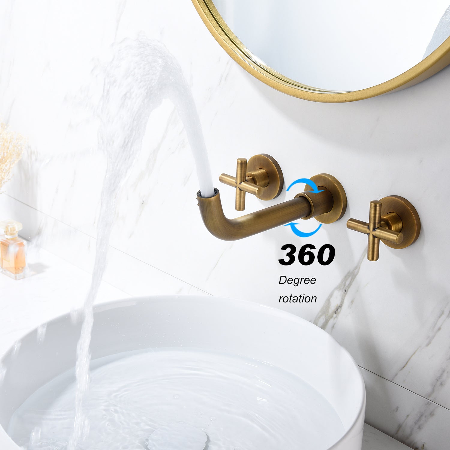 Shopi Vella wall mounted bathroom faucet in brushed gold with 360 degree rotation over white sink