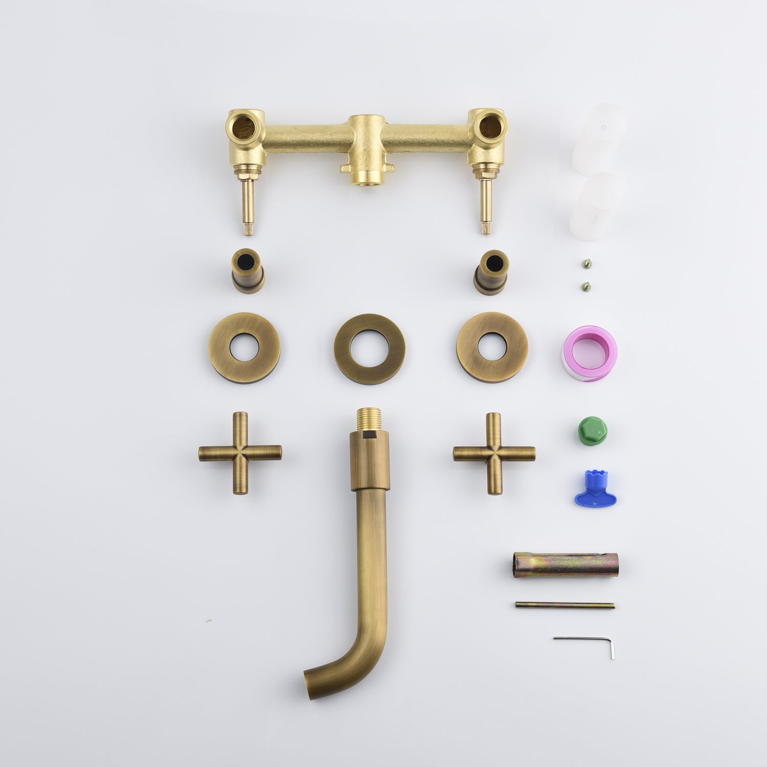 Shopi Vella wall mounted bathroom faucet parts laid out for installation in antique brass finish
