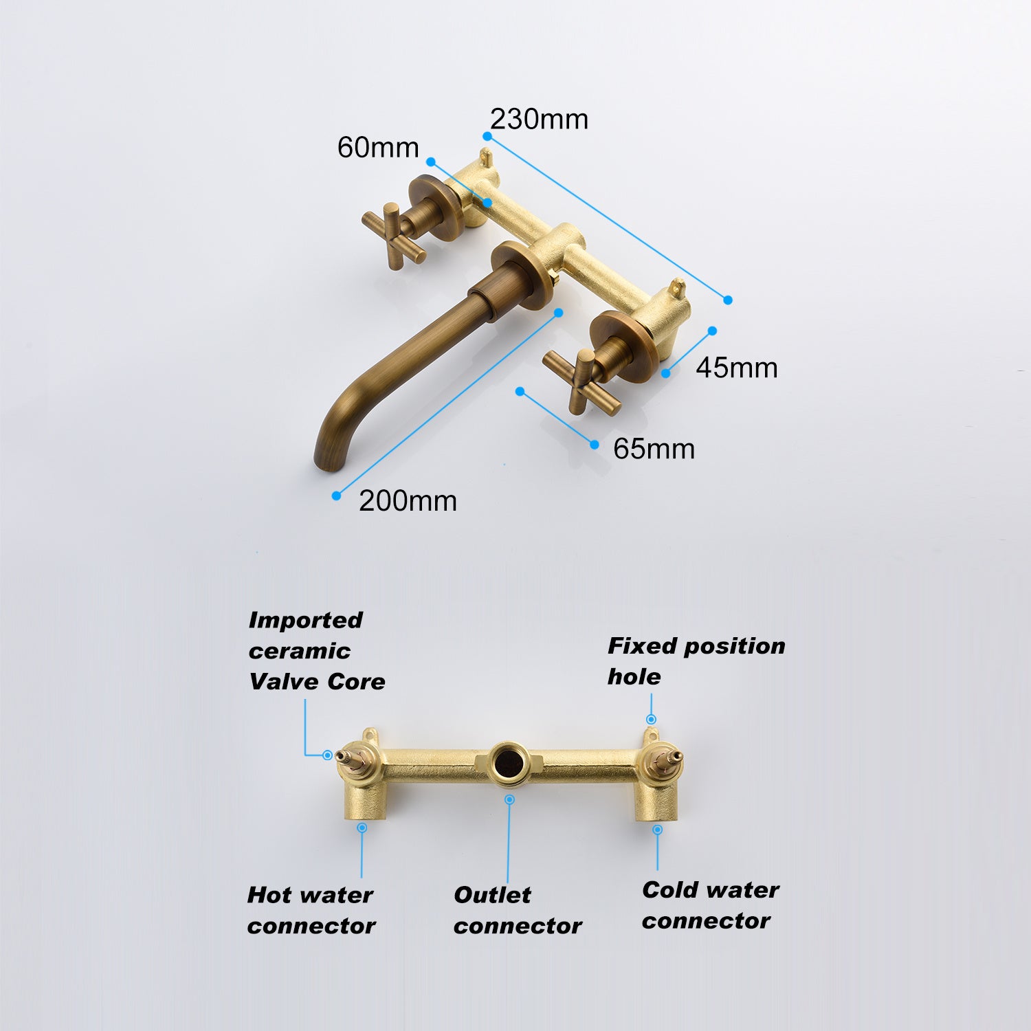 Shopi Vella wall mounted bathroom faucet in brass finish with dual handles and detailed measurements