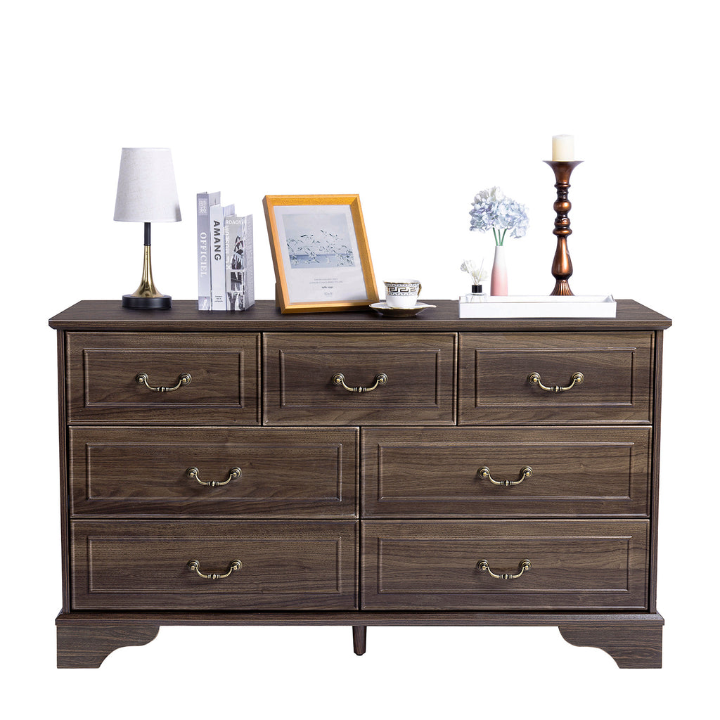 Shopi Vella brown 7-drawer chest of drawers with decorative handles and top surface accessories