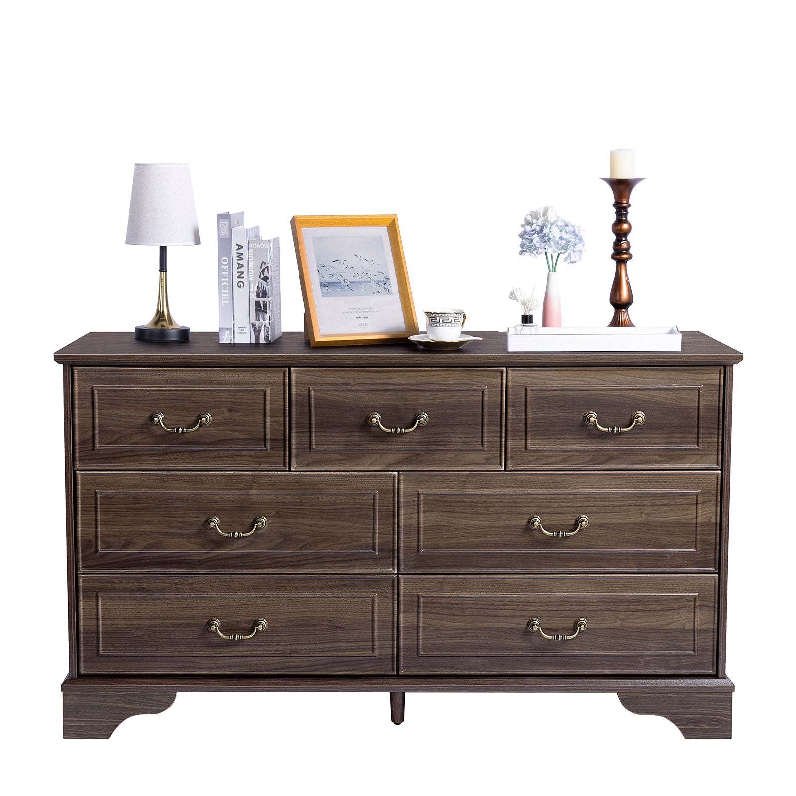 Shopi Vella brown 7-drawer chest of drawers with decorative handles and top surface accessories